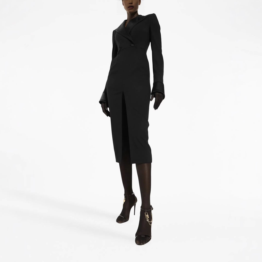 Women's Tailored Blazer Dress in Long Cut with Satin Lapels and Front Slit Mune Fashion