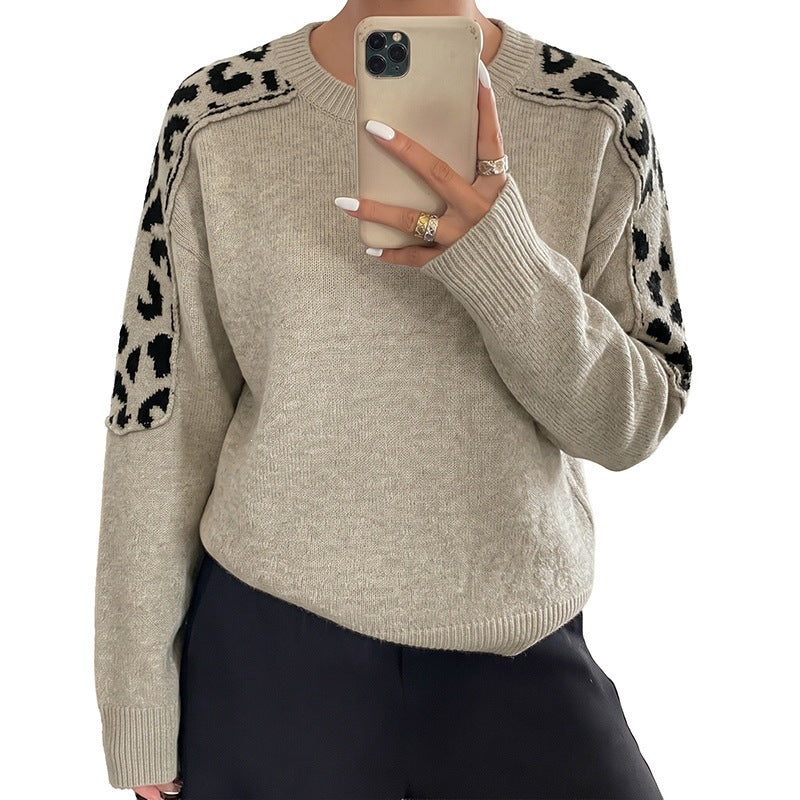 Women's Oversize Knit Sweater with Leo Jacquard Shoulder Inserts Mune Fashion