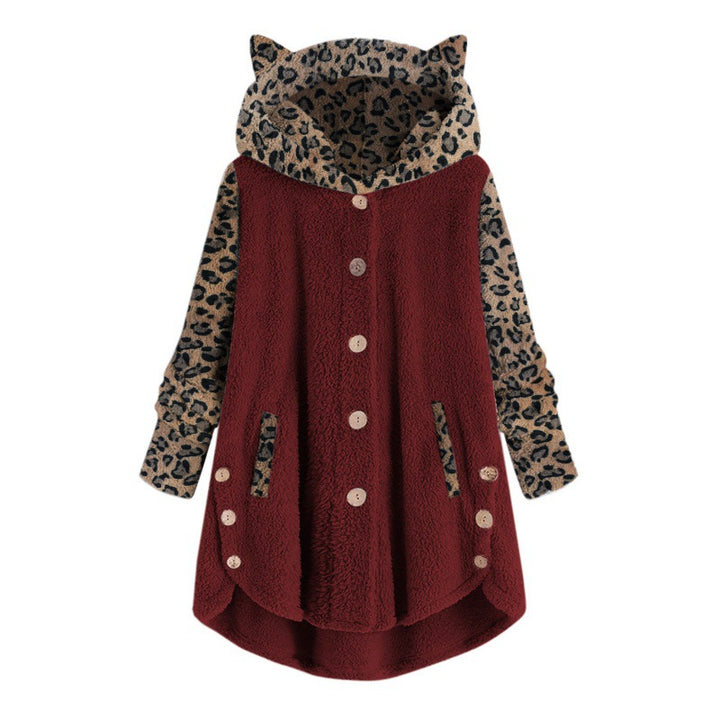 Women's teddy coat with hood, button placket, and contrasting leopard sleeves Mune Fashion