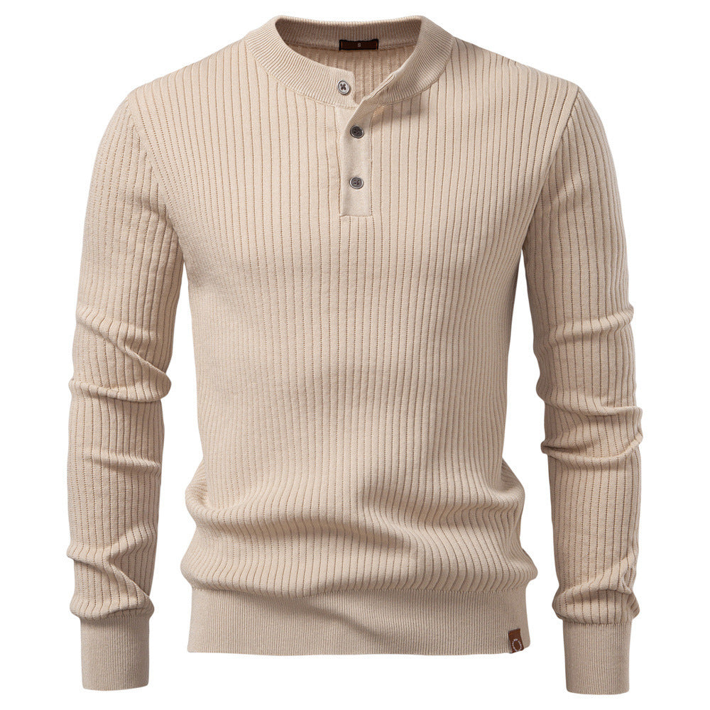 Men's ribbed long-sleeve henley pullover with stand-up collar, fine rib knit and slim fit Mune Fashion