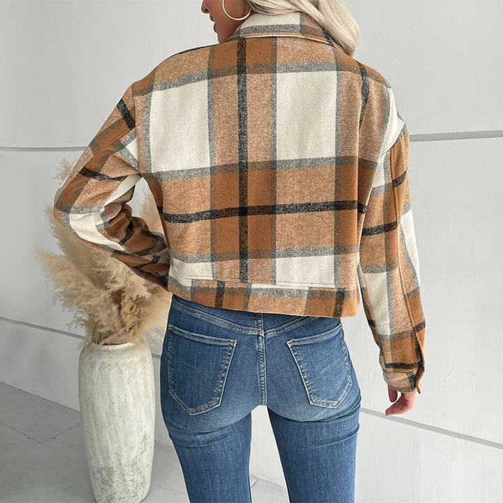 Women Short Cropped Checkered Transition Jacket with Patch Chest Pockets Mune Fashion