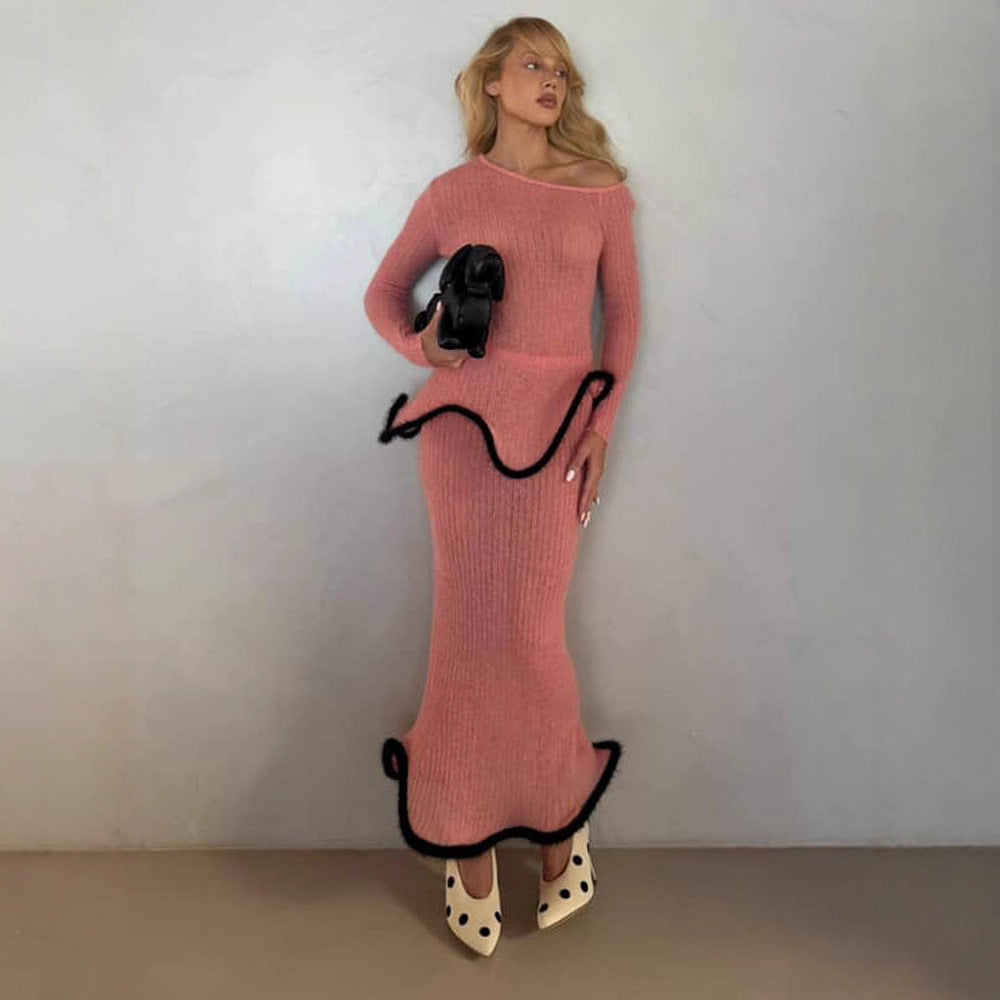 Women's fitted long ribbed knit dress with asymmetrical neckline, ruffled peplum and contrasting piping edge Mune Fashion
