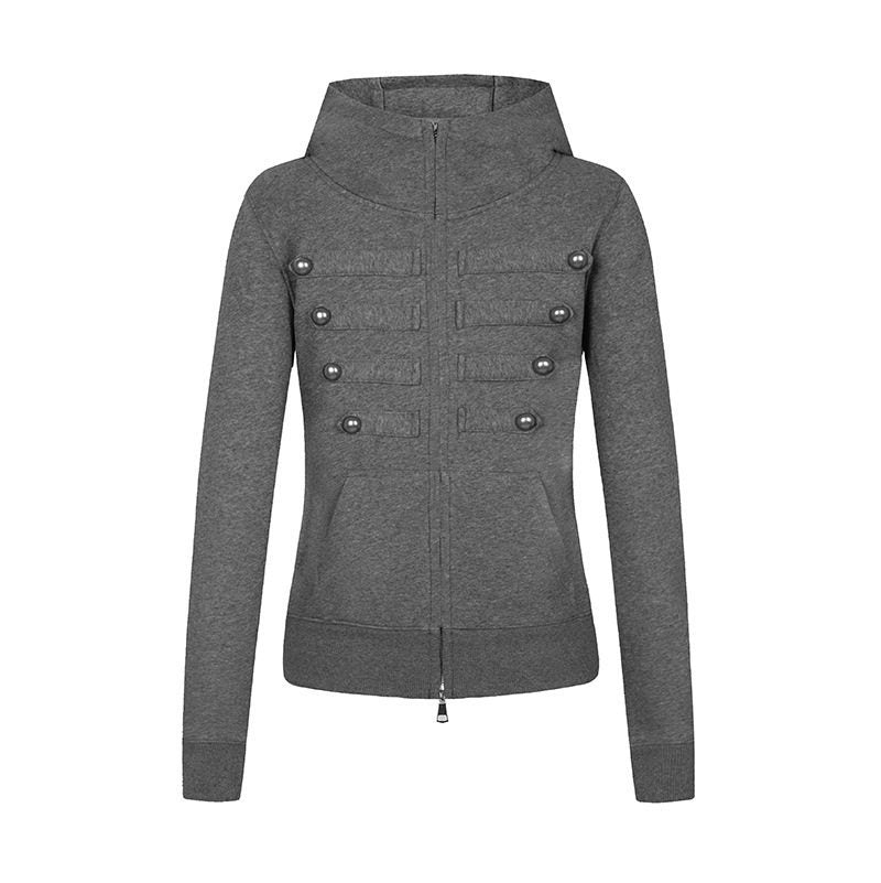 Ladies hooded sweatshirt jacket in military style with stand-up collar, decorative straps, and continuous zipper Mune Fashion