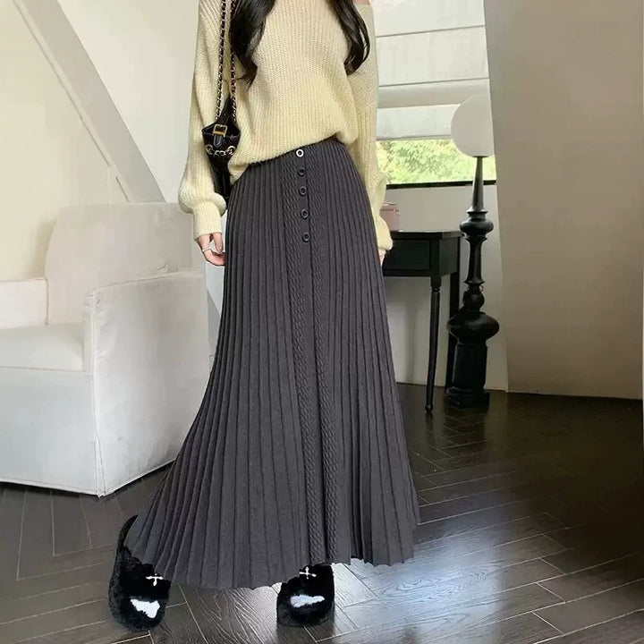 Ladies Elegant Pleated Maxi Skirt with Button Details Mune Fashion