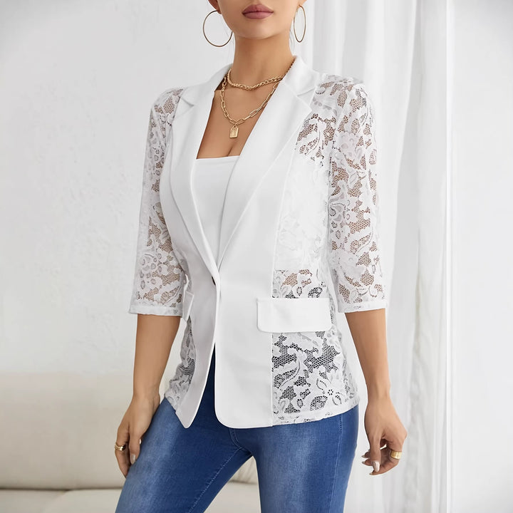 Women's tailored long blazer with lace inserts and lapel collar Mune Fashion