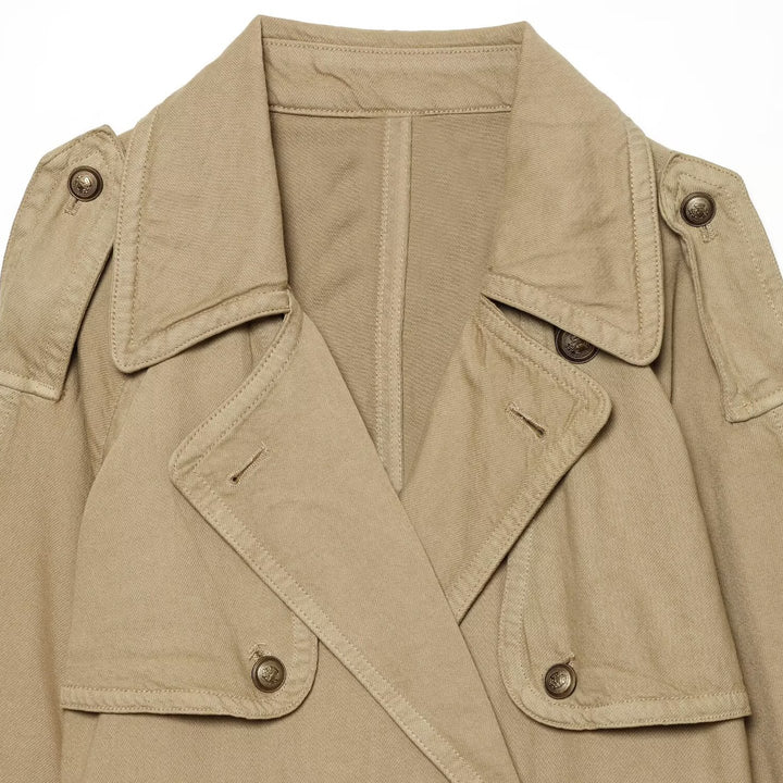Women Cropped Trench Cape Jacket with double-breasted button placket, shoulder patches and tie belt Mune Fashion