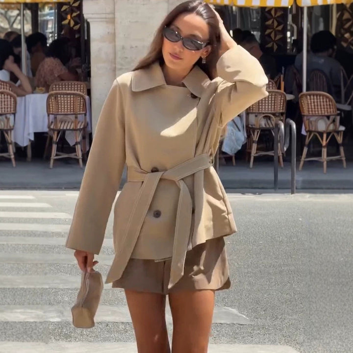 Women Tailored Short Jacket with Belt and Dropped Sleeves Mune Fashion