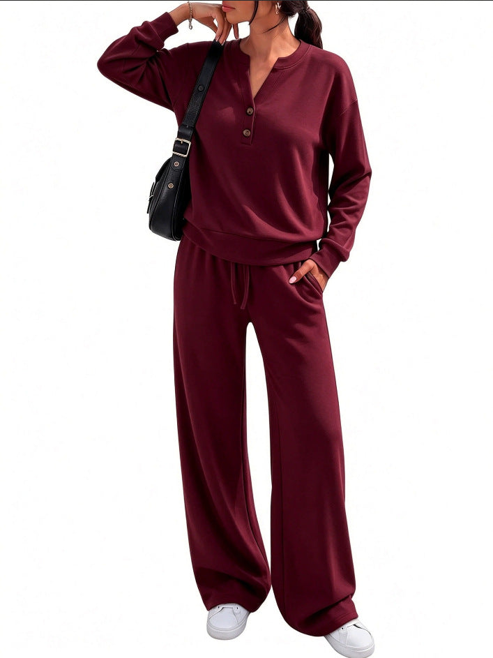 Ladies Lounge Set with Henley Collar and Palazzo Wide Jogging Pants Mune Fashion
