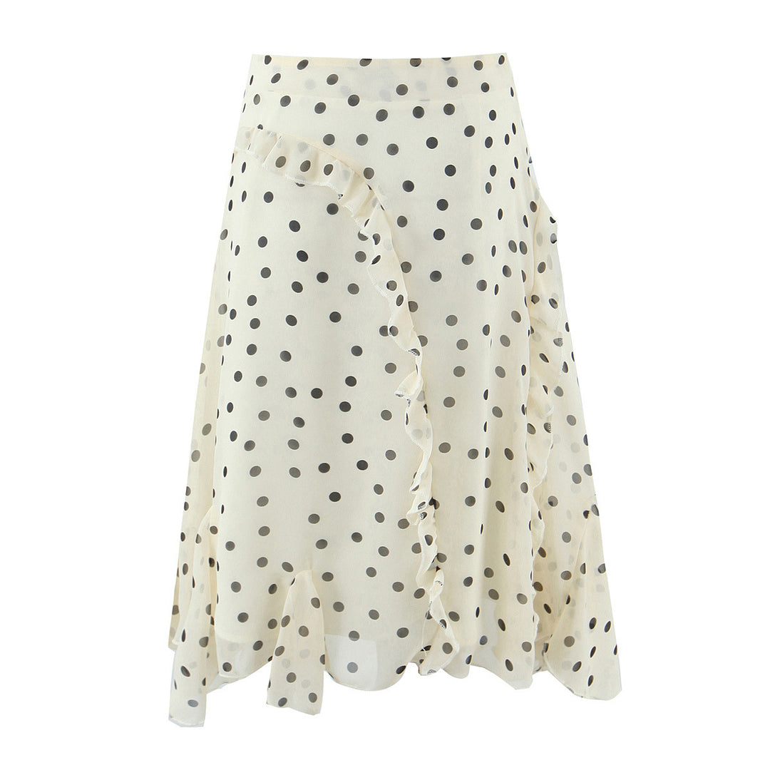 Ladies Polka Dot Chiffon Ruffle Midi Skirt with Wrap Look and Asymmetric Hem Mune Fashion