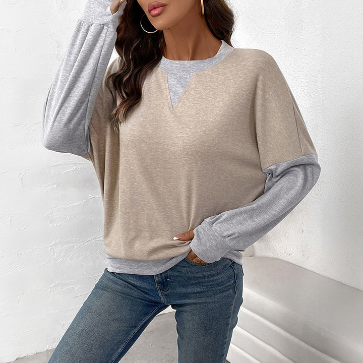 Women's Two-Tone Oversized Long Sleeve Sweater with Contrast Sleeves and V-Seam Mune Fashion