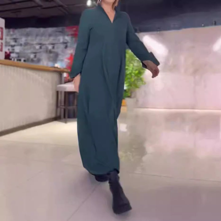 Women's flowing maxi dress with V-neck, boxy A-line, and long sleeves Mune Fashion