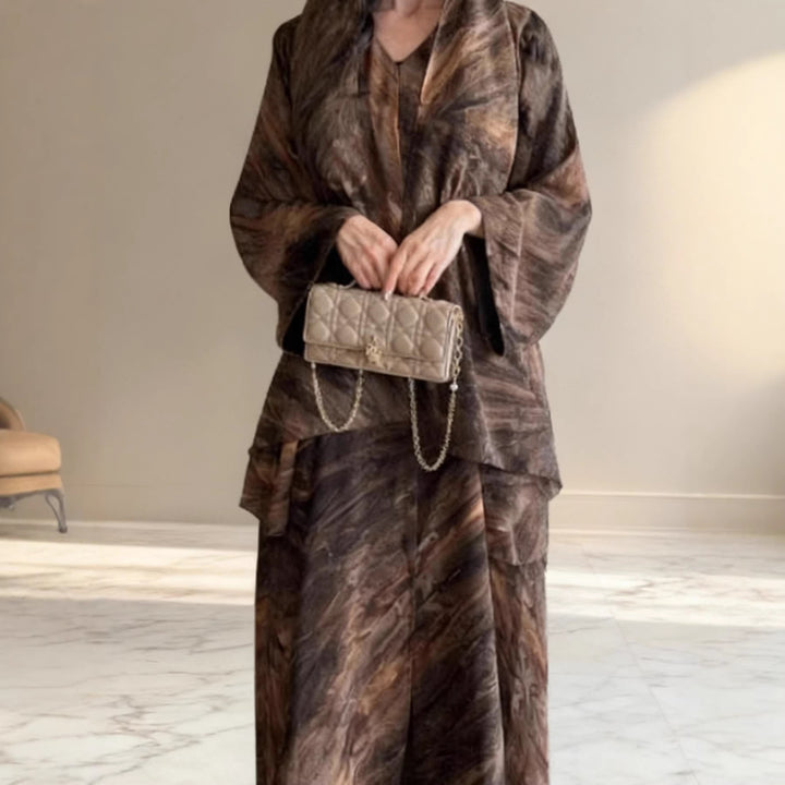 Women's long flowing hooded kaftan dress with wide sleeves and multi-layer chiffon Mune Fashion