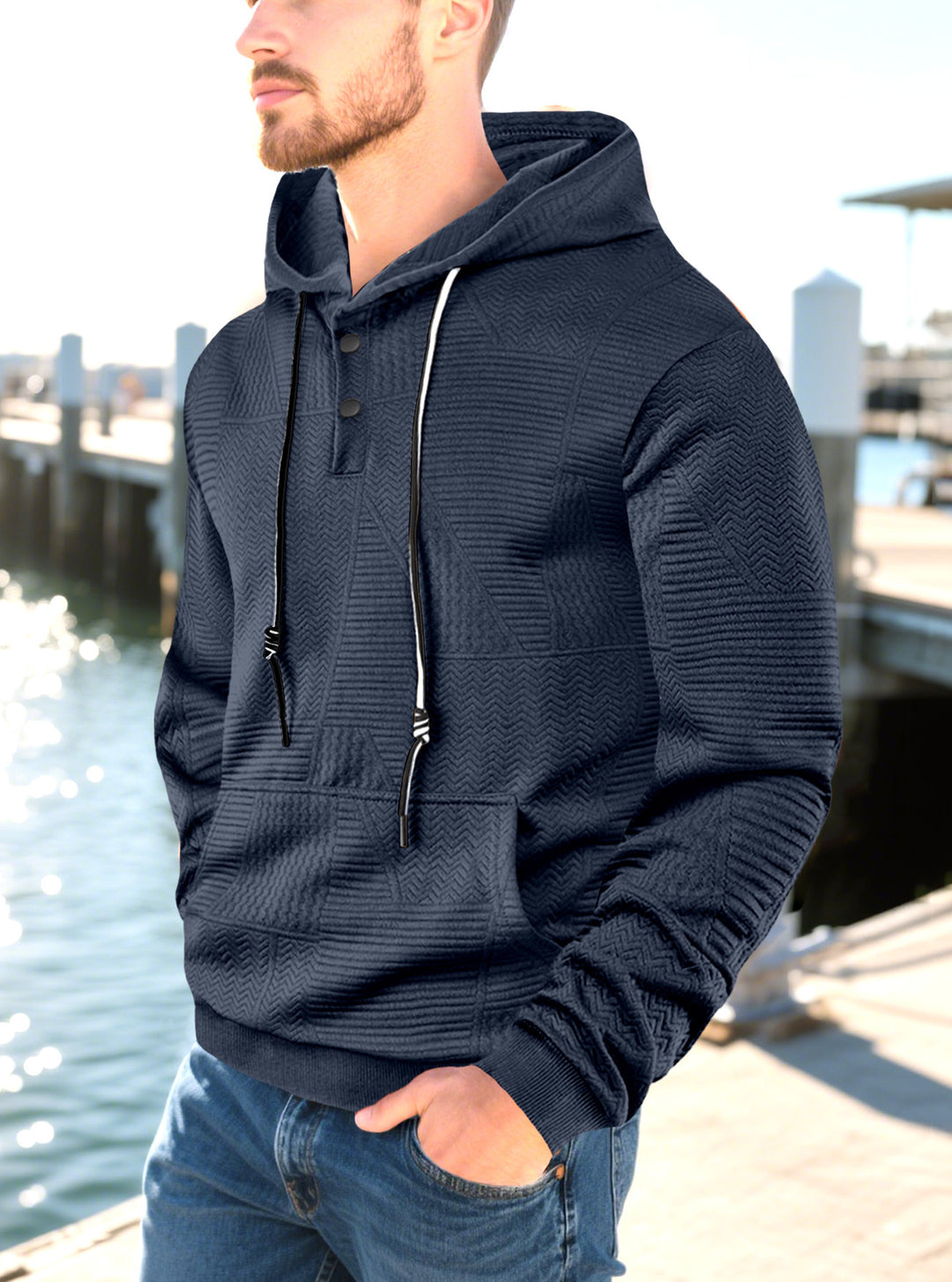Men's hooded sweatshirt with geometric structure, Henley placket, and kangaroo pocket Mune Fashion