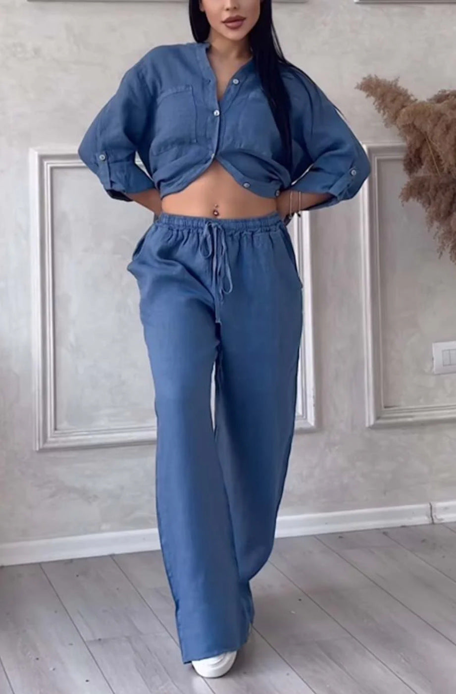 Women's casual linen two-piece set with loose shirt blouse, patch breast pockets, and elastic drawstring waistband Mune Fashion