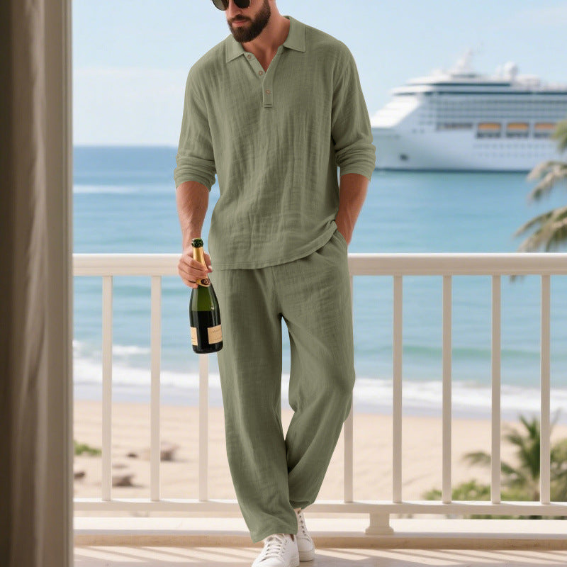 Men's relaxed cotton muslin resort set with polo collar button placket and wide comfort waistband Mune Fashion