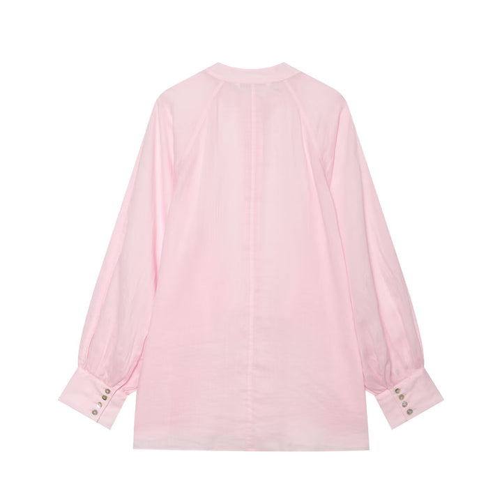 Women Oversized Blouse with Stand Collar, Continuous Button Placket and Balloon Sleeves Mune Fashion