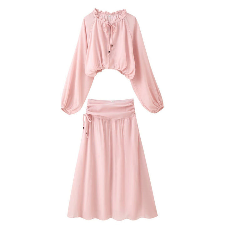 Women's Two-Piece Boho Set with Cropped Ruffle Blouse, Balloon Sleeves and High-Waisted Maxi Skirt Mune Fashion