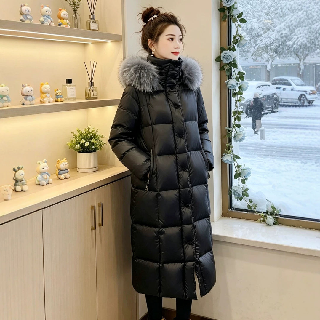 Ladies Long Down Jacket with Faux Fur Collar Mune Fashion