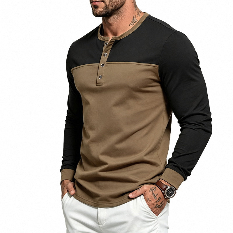 Men's Slim-Fit Henley Long Sleeve Shirt with Contrasting Insert and Button Placket Mune Fashion