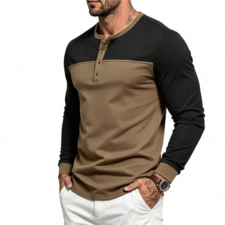 Men's Slim-Fit Henley Long Sleeve Shirt with Contrasting Insert and Button Placket Mune Fashion