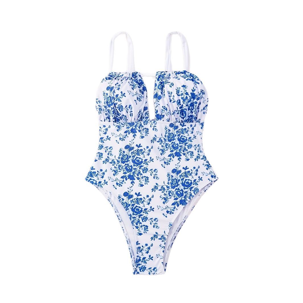 Ladies One-Piece Swimsuit with Floral Design and Deep V-Neck Mune Fashion