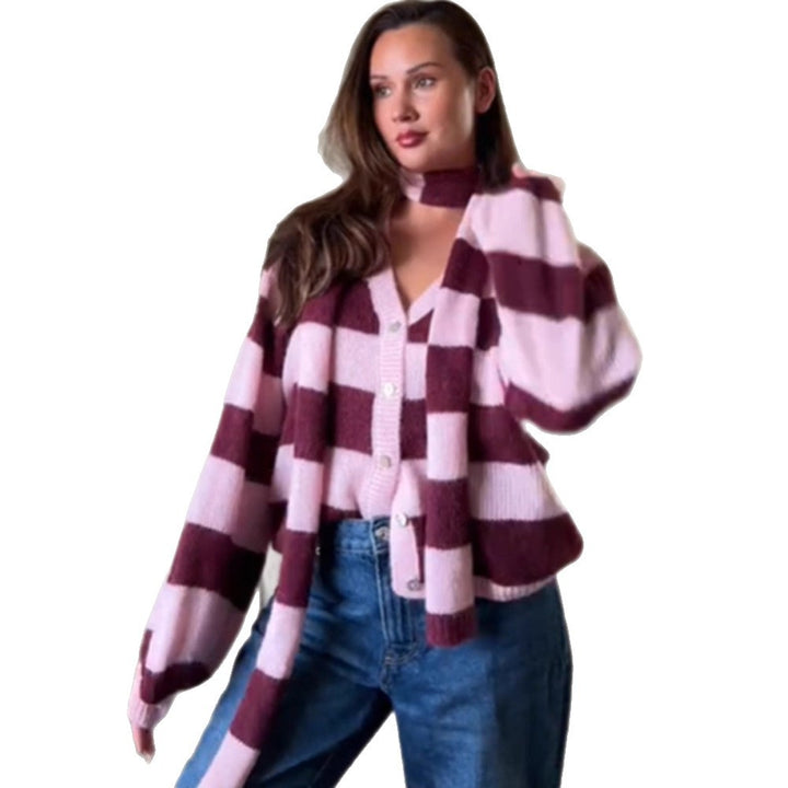 Women's Oversized Knit Cardigan Set with Block Stripes, Button Placket and Matching Scarf Mune Fashion