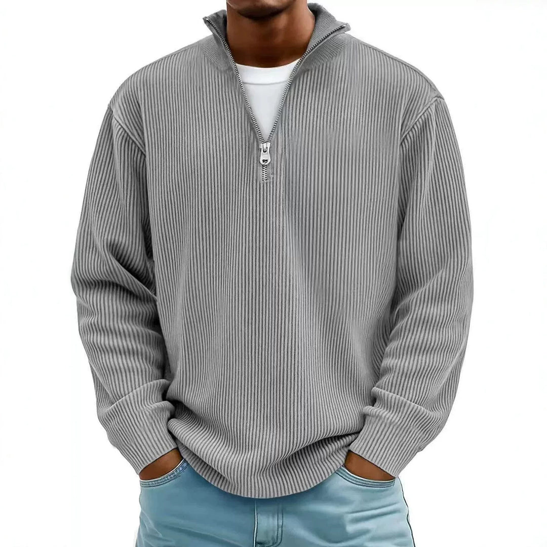 Men's Ribbed Half-Zip Knit Sweater with Stand Collar and Relaxed Fit Mune Fashion