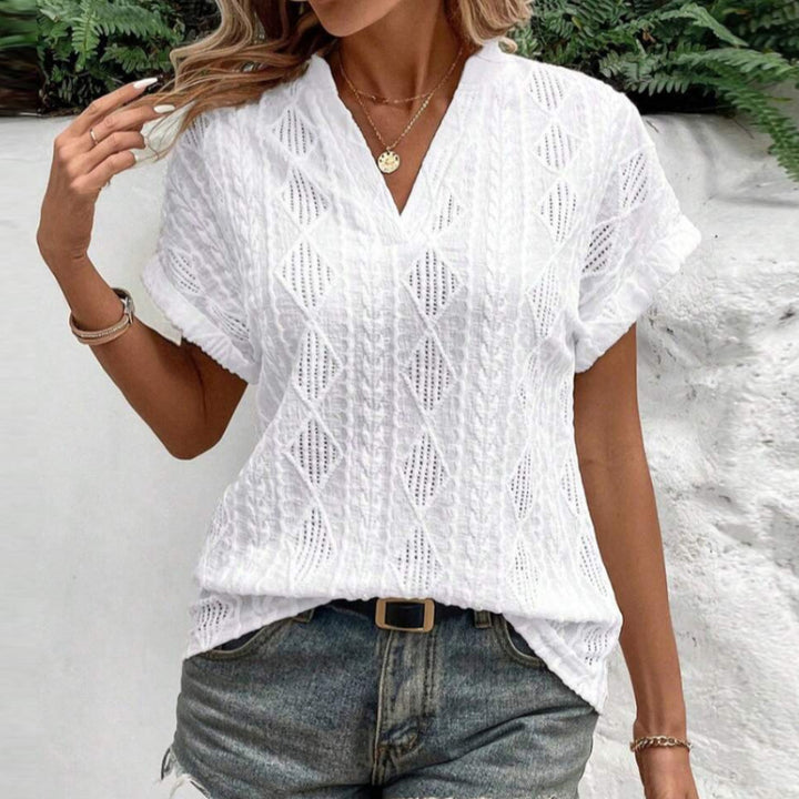 Ladies light ajour knit tunic with V-neck, diamond pattern and rolled-up sleeves Mune Fashion