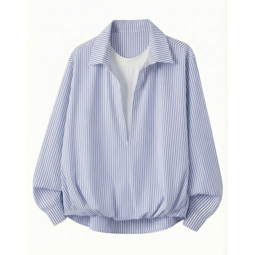 Women's Loose Striped Shirt Blouse with Deep V-Neck and Ruched Hem Mune Fashion