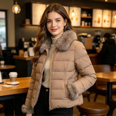 Women's short tailored winter quilted jacket with removable faux fur collar, tonal waist straps and concealed two-way zipper Mune Fashion