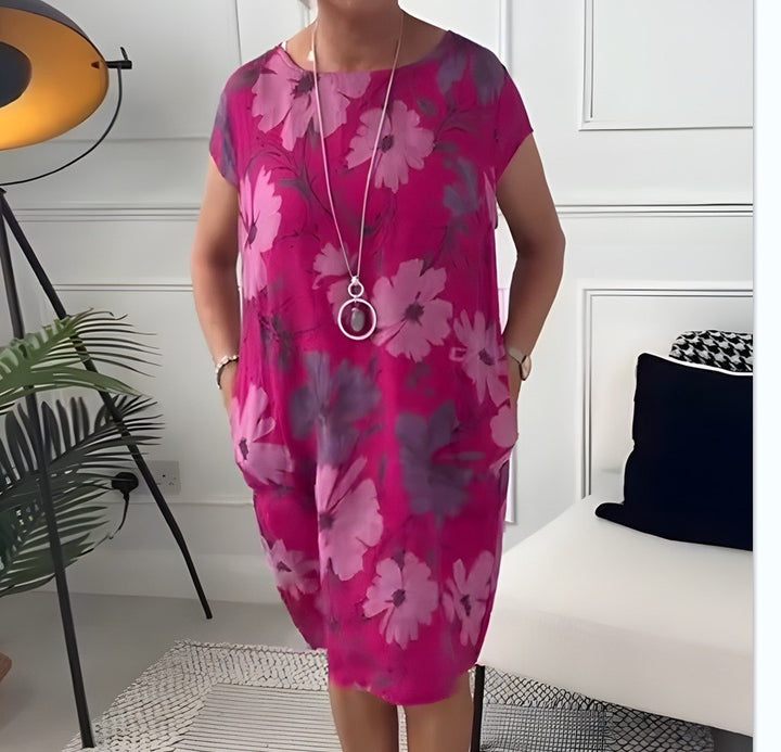Ladies' airy tunic midi dress made of linen blend with watercolor flower print and side pockets Mune Fashion