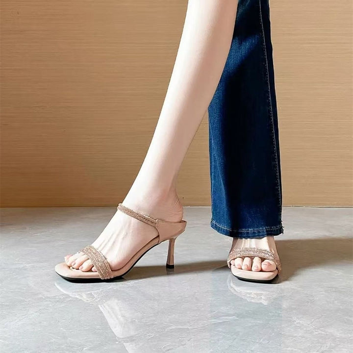 Women's Sparkling Strap Mules with Slim Stiletto Heel and Open Toe Area Mune Fashion