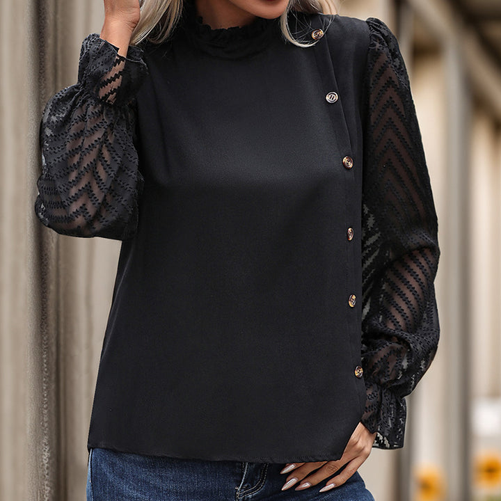 Women's chiffon blouse with stand-up collar, transparent balloon sleeves, and asymmetric button placket Mune Fashion