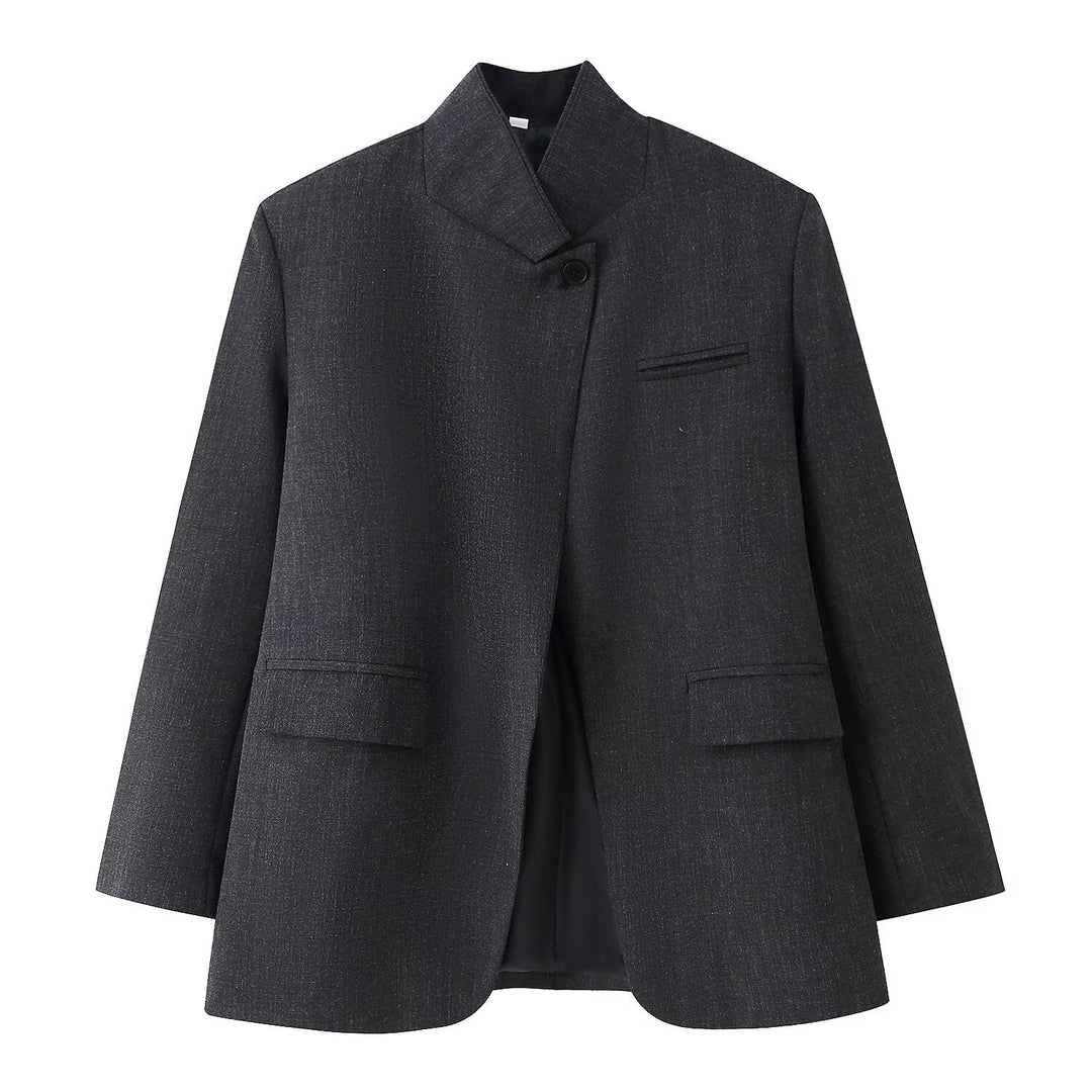 Women's oversized blazer in boxy cut with asymmetrical stand collar and concealed button placket Mune Fashion