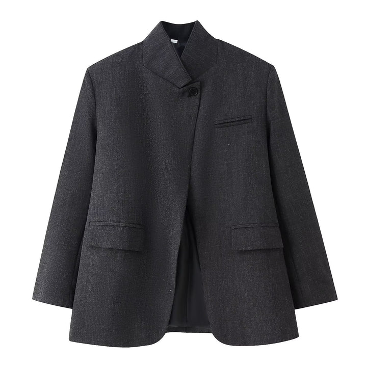 Women's oversized blazer in boxy cut with asymmetrical stand collar and concealed button placket Mune Fashion
