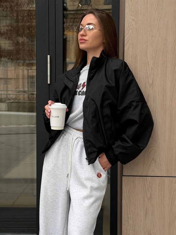 Women's Oversized Cropped Bomber Jacket with Stand Collar and Zipper