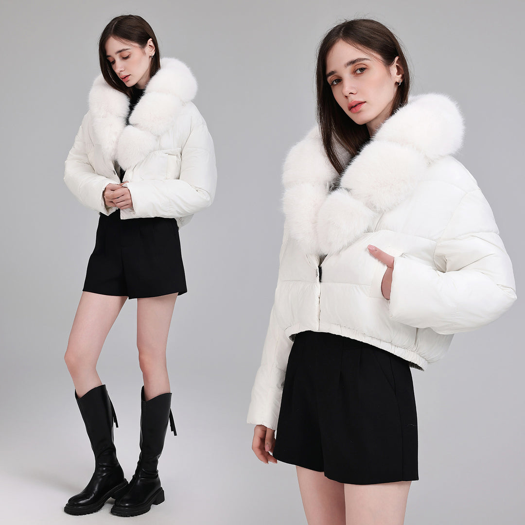 Women's Short Quilted Puffer Bomber Jacket with Extra Wide Faux Fur Collar Mune Fashion