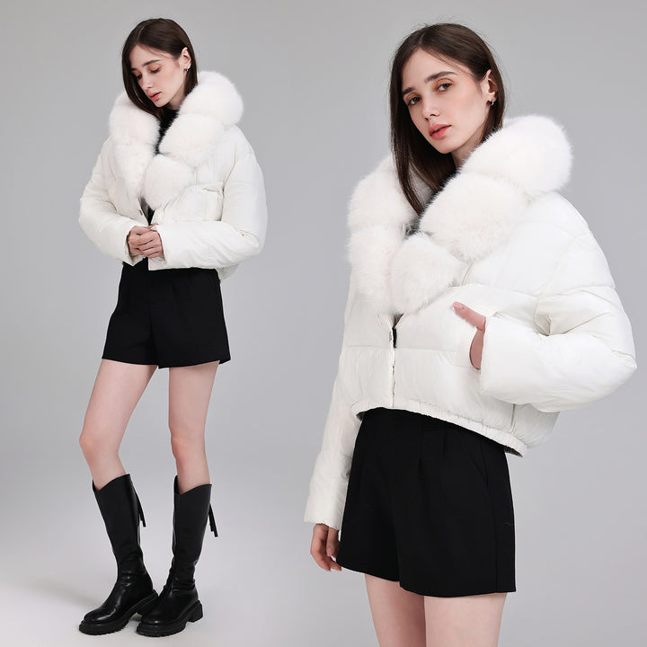 Women's Short Quilted Puffer Bomber Jacket with Extra Wide Faux Fur Collar Mune Fashion