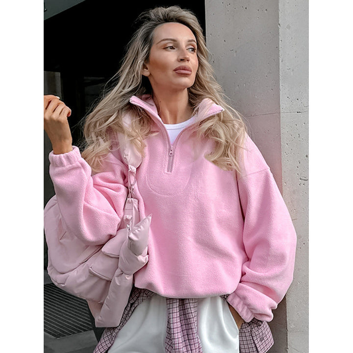 Women’s Oversized Fleece Pullover with Half Zipper and Stand-Up Collar Mune Fashion