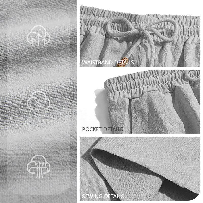 Men's lightweight beach Bermuda shorts made of linen blend with elastic waistband, drawstring and decorative button placket Mune Fashion
