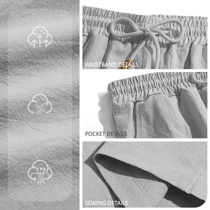 Men's lightweight beach Bermuda shorts made of linen blend with elastic waistband, drawstring and decorative button placket Mune Fashion
