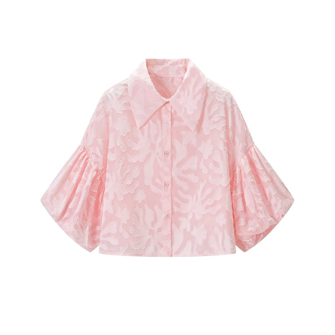 Women's Transparent Organza Blouse with Loose Fit, Volume Sleeves and Shirt Collar Mune Fashion
