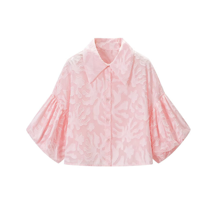 Women's Transparent Organza Blouse with Loose Fit, Volume Sleeves and Shirt Collar Mune Fashion