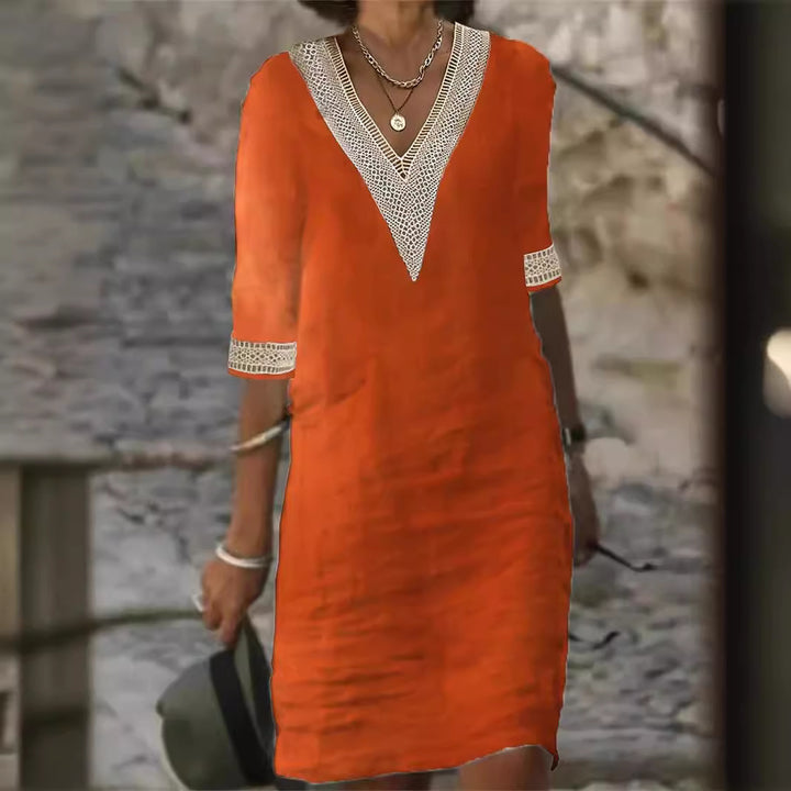 Ladies Linen Look Midi Dress with Crocheted V-Neck and 3/4 Sleeves Mune Fashion