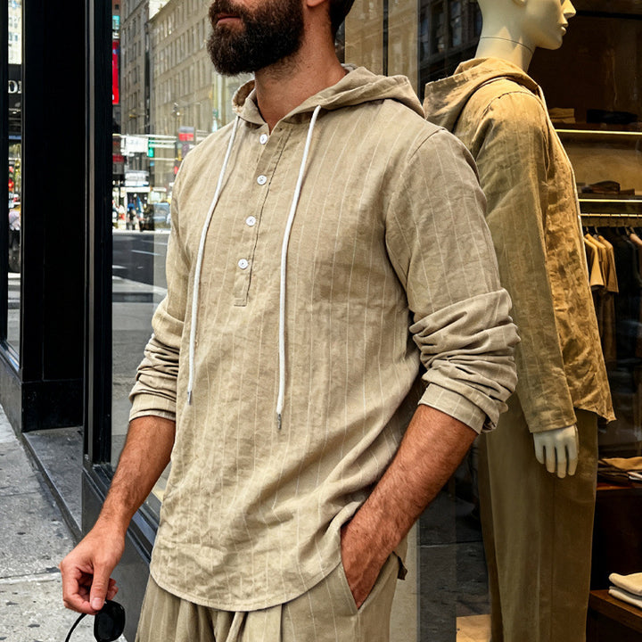 Men's linen blend hoodie shirt with half button placket and pinstripes Mune Fashion