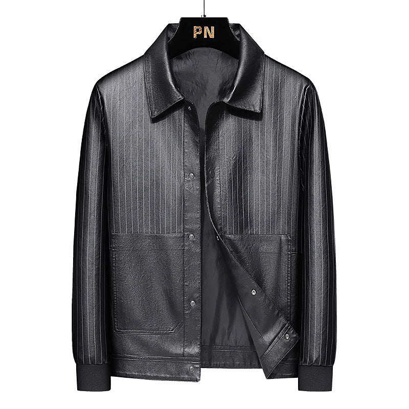 Men's Pinstripe Faux Leather Trucker Jacket with Snap Front and Ribbed Cuffs Mune Fashion