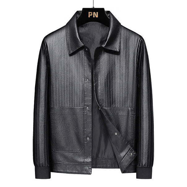 Men's Pinstripe Faux Leather Trucker Jacket with Snap Front and Ribbed Cuffs Mune Fashion
