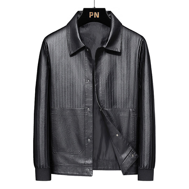 Men's Pinstripe Faux Leather Trucker Jacket with Snap Front and Ribbed Cuffs Mune Fashion