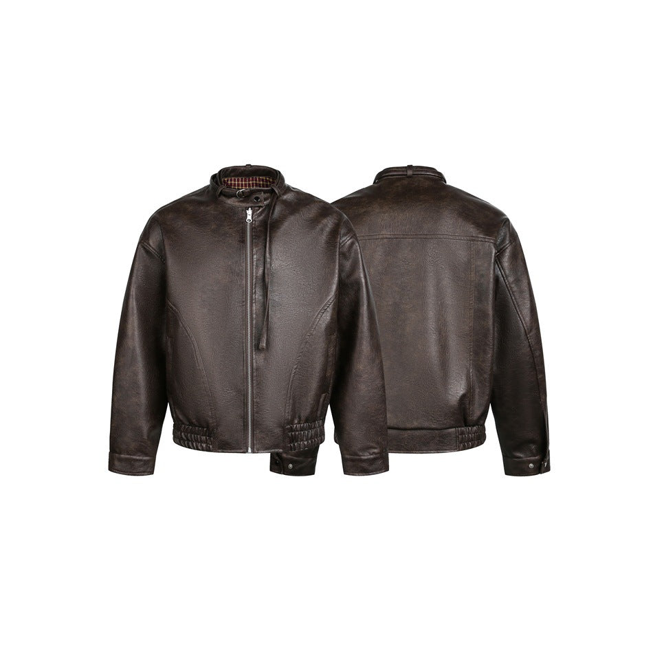 Men's short-cut vintage leather blouson with buckle collar and elastic hem Mune Fashion