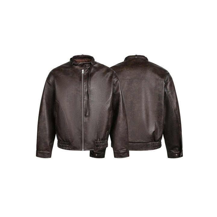 Men's short-cut vintage leather blouson with buckle collar and elastic hem Mune Fashion